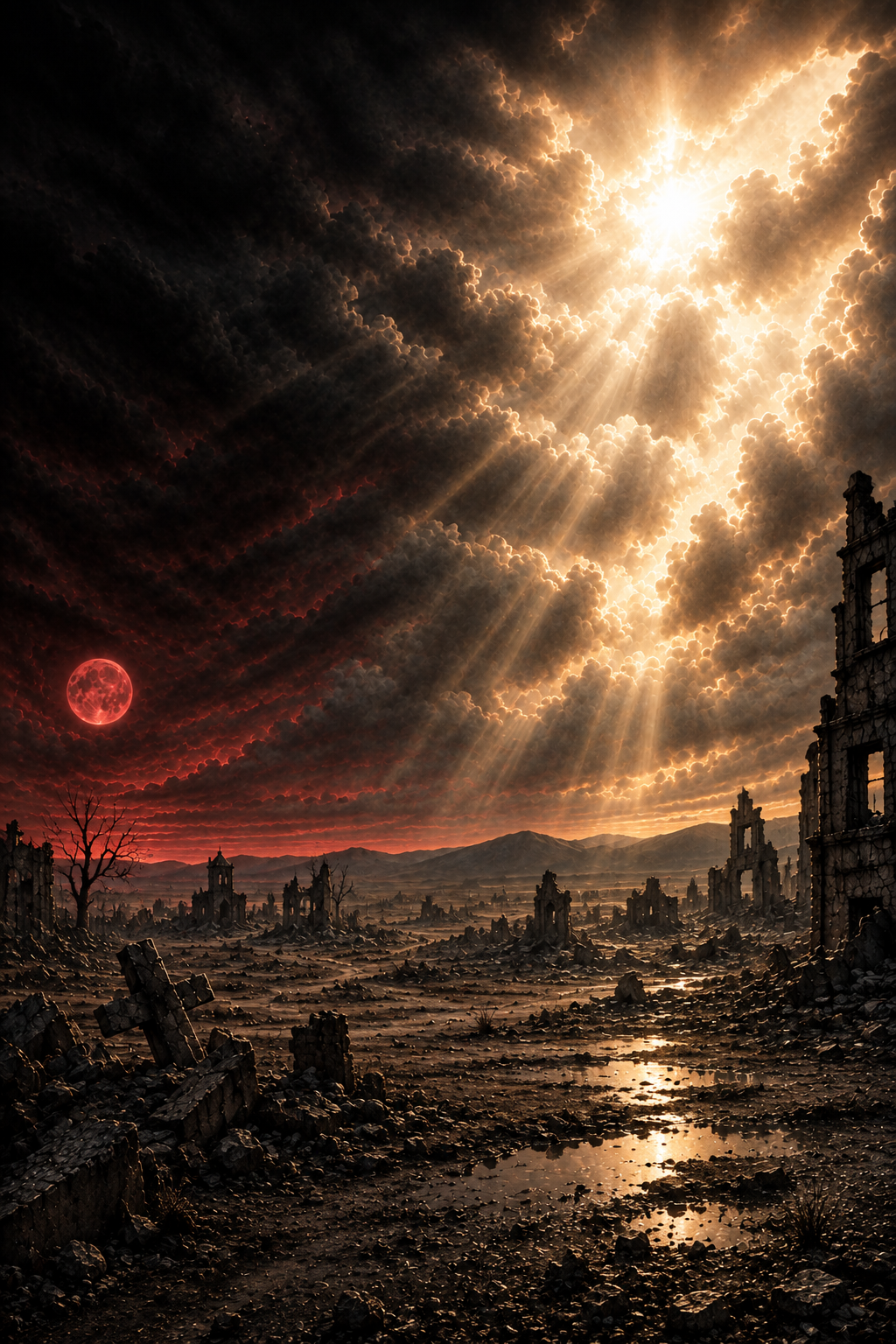 A devastated ruined town beneath dark storm clouds, red light and brilliant rays breaking through the sky.